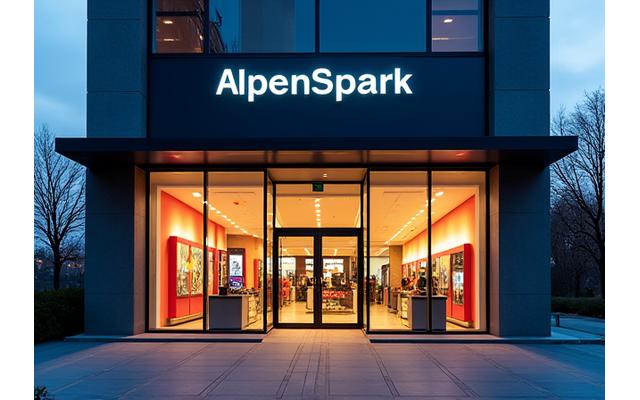 Aussenansicht des modernen AlpenSpark Electronics Geschäfts in Zürich bei Sonnenuntergang